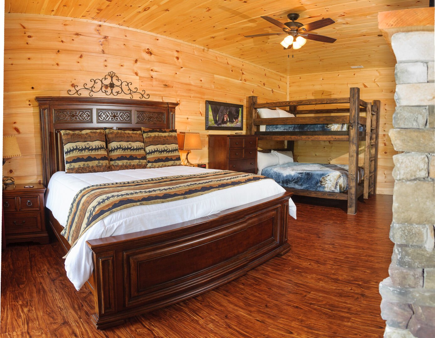 Large Bed, Dresser, Bunk Bed, Nightstands, and Lamps.