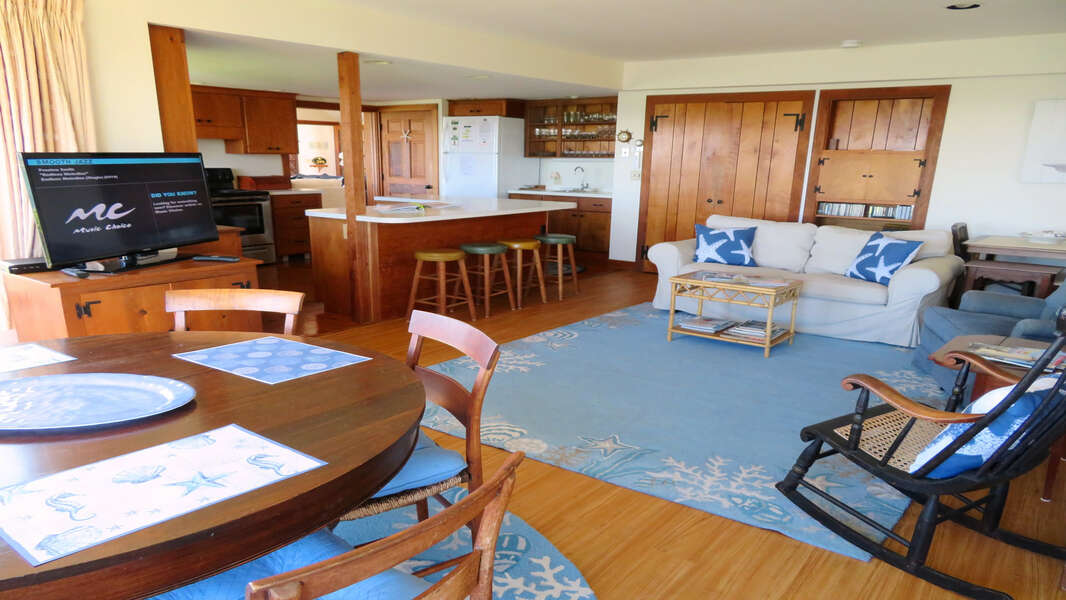view of family room With Flat Screen TV off kitchen-299 Cranberry Lane North Chatham Cape Cod New England Vacation Rentals  #BookNEVRDirectBarefootHome