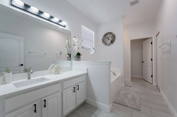 Master bath with long vanity, tub and shower.