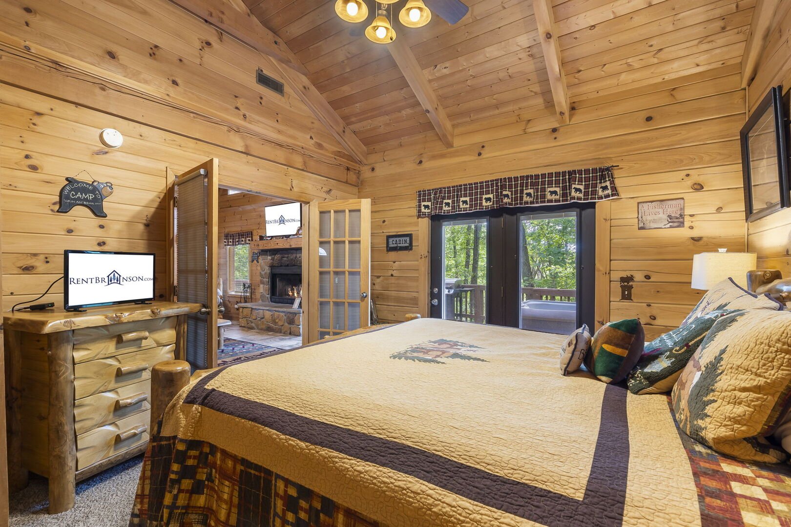 log cabin master bedrooms with fireplaces