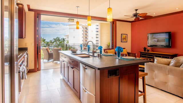 Kitchen and Living Area inside our Vacation Villa on Oahu