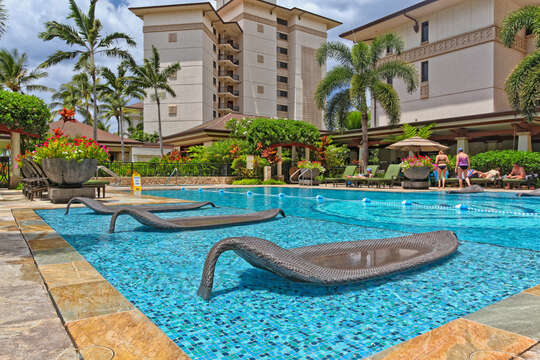 Ko Olina Beach Villas Lap Pool and Lounge Chairs outside our Vacation Villa in Oahu