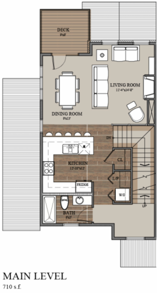 Main level floor plan with main living area and full bathroom