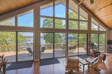 Floor-to-Ceiling Windows with View to Deck and Lake