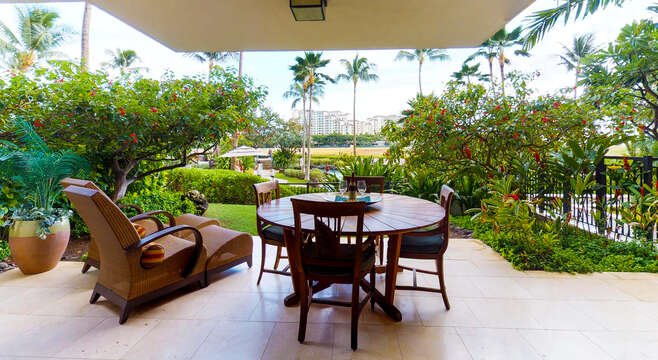 Lanai view with seating and loungers