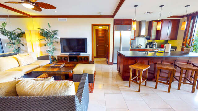 Living Room and Kitchen with Bar Seating
