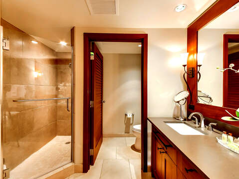 Master Bathroom with double vanity, shower, soaking tub