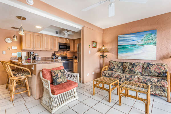 Living Area/Kitchen inside our Kona Oceanfront Condo