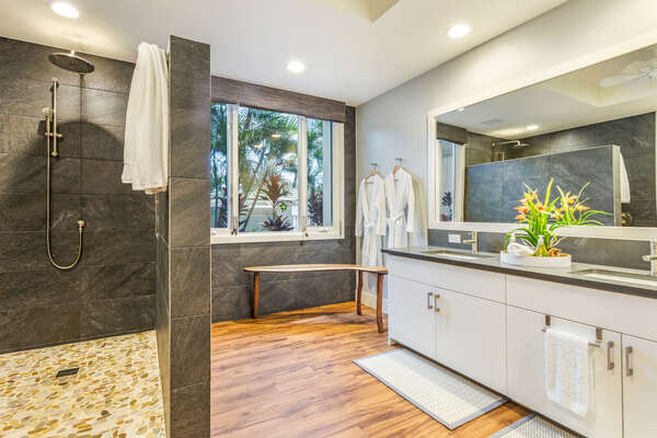 Bathroom with Double Sinks and Walk-in Shower
