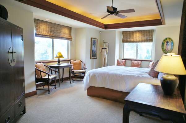 Large Bed, Armoire, Chairs, Table, and Ceiling Fan