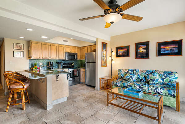 Living area and kitchen at our Kona HI Rental