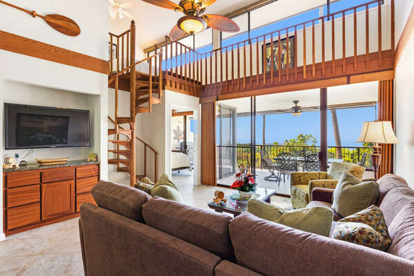 Living Area with large Flat Screen TV and Ocean Views at our Kona Hawai'i Villa Rental