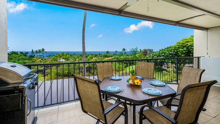 Lanai outside Country Club Villas 241 offers outside dining with a beautiful ocean view