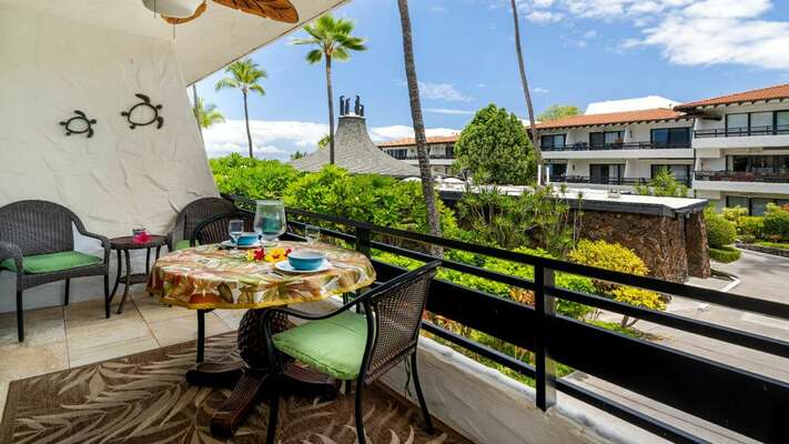 Lanai with ocean view at this oceanfront complex Kona.