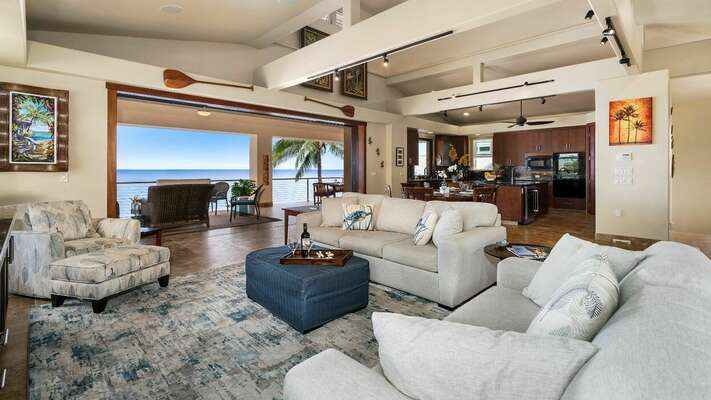 Living Area with Comfy Sofas and Lanai with Slot Doors