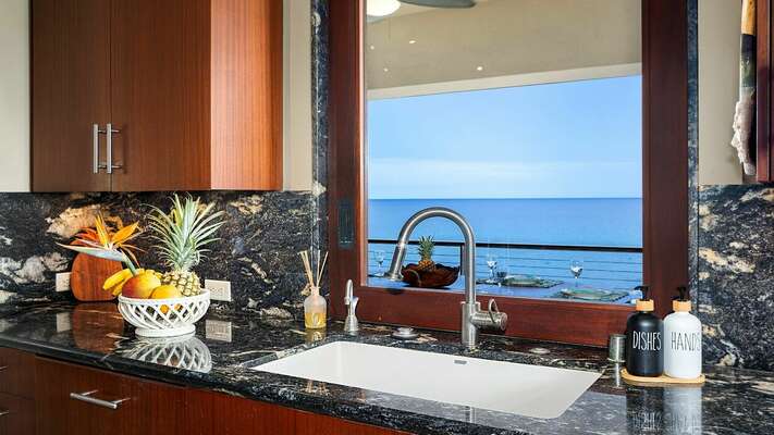 The pass through window to the lanai allows for barbecuing with ease.