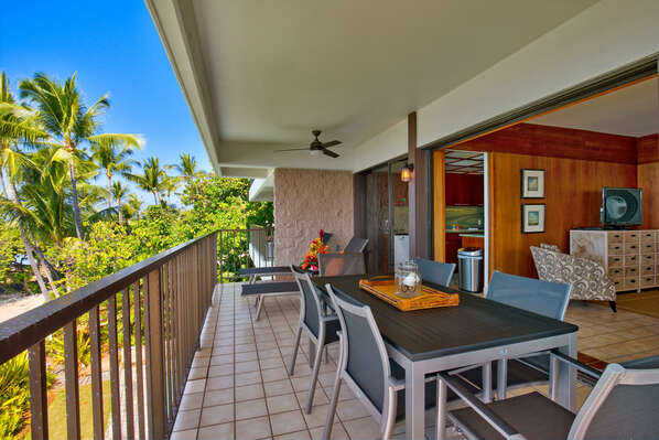 Spacious Lanai of this oceanfront vacation rental open to Kitchen and Living Area