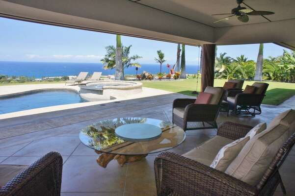 Covered Lanai with Outdoor Furniture Set and Ceiling Fan