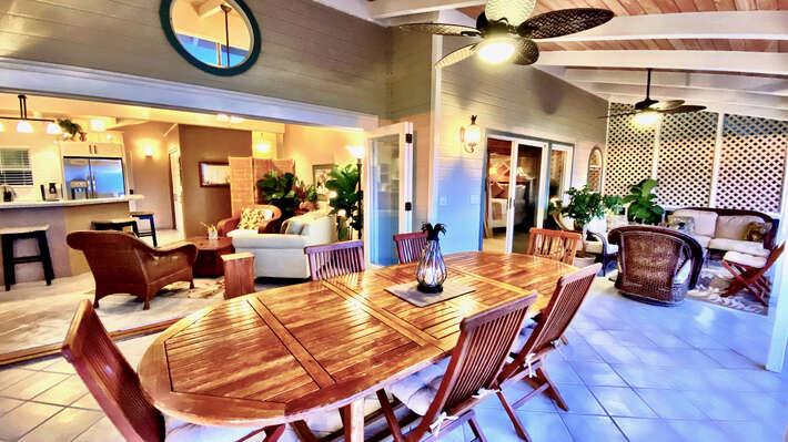 Outdoor Dining Table, Chairs, Ceiling Fans, and Sofas