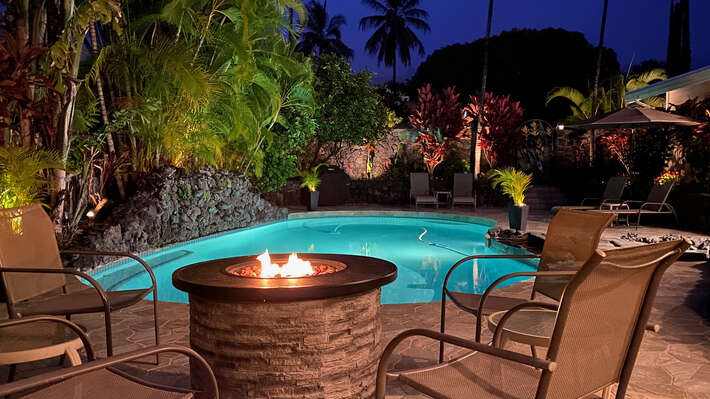 Fire Pit and Outdoor Chairs by the Pool