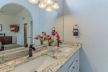 Appealing features of the primary bath include a walk-in shower and dual vanity sinks on new counter tops.