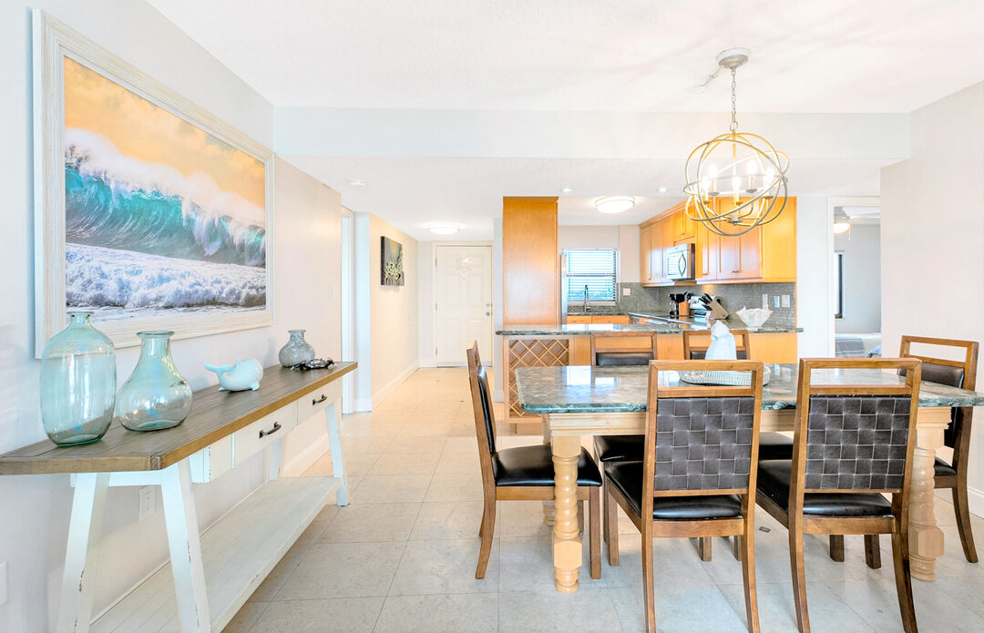 Elegant dining area, perfect for gathering and coastal dining.