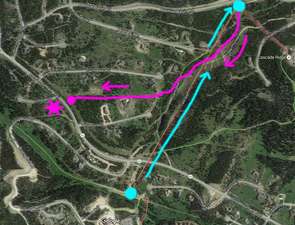 Ride up the Cascade chair (blue), then ski down to the pink dot and cross the street to the home (snowflake)