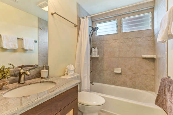 Common Area Bathroom with Tub/Shower Combo and vanity sink.