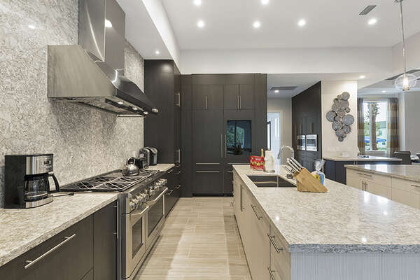 The fully equipped kitchen features stainless steel appliances.