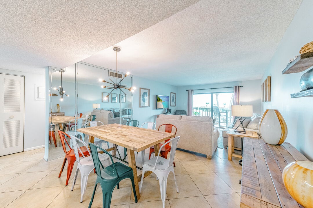 Charming dining area with coastal accents and a warm, inviting glow.
