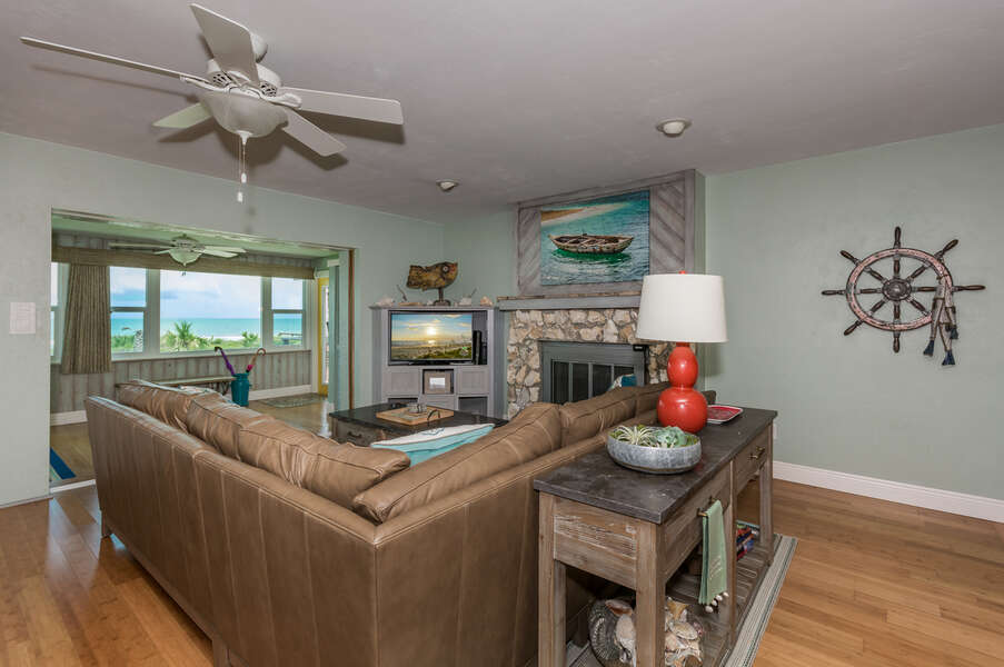 Oceanview and flat-screen TV from the living area and couch.