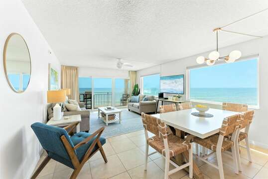 Let the ocean surround you in this comfortable, bright and airy living room. Walk out onto one of two private balconies in the condo