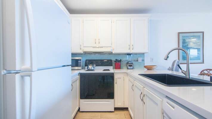 Upgraded kitchen with a new black sink, beautiful white quartz countertops & artful backsplashes