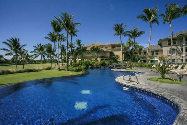 Blue Infinity Pool Surrounded by Palm Trees and Golf Course