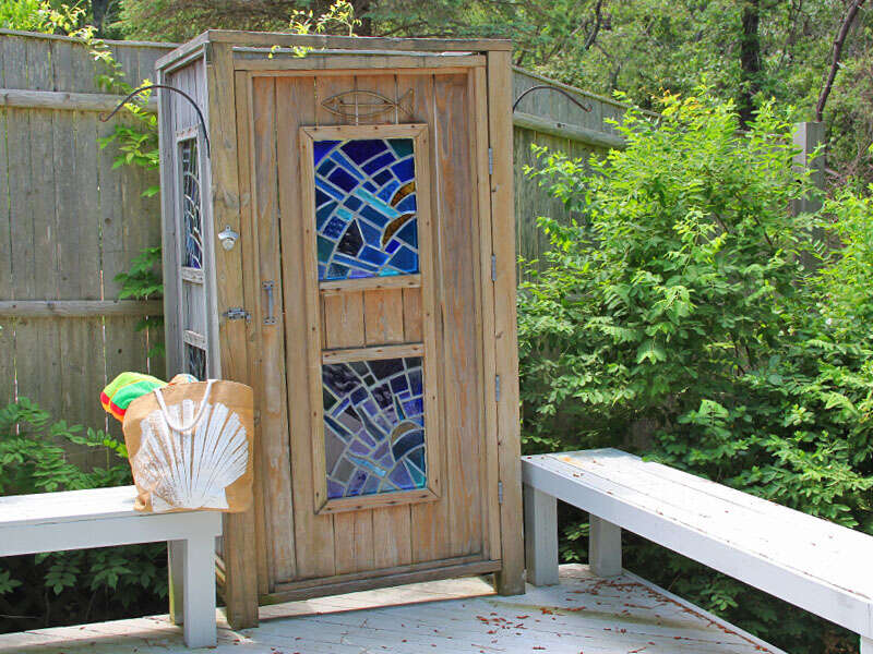 Fully enclosed outdoor shower, perfect for rinsing off after a day at the beach! - 425 Paines Creek Brewster Cape Cod - New England Vacation Rentals