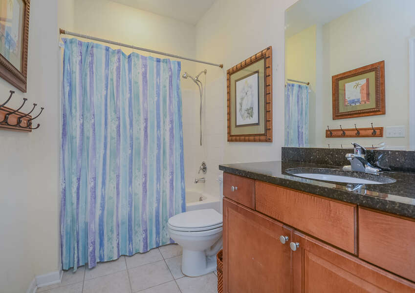 Guest bath with tub and shower next to toilet and vanity sink.