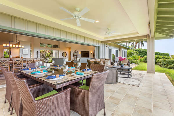Outdoor Dining Table, Chairs and Ceiling Fan in the Lanai of Mahi lulani