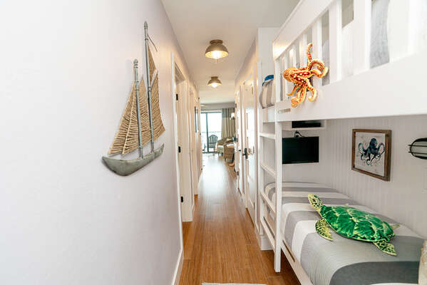 When you walk in the front door, you will see the bunks the kids LOVE and the view of the ocean!