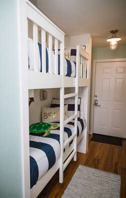 View of the bunk beds facing the entry door! The turtle is a huge hit with the kids!