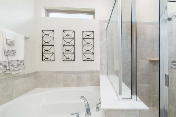 En suite master bathroom with walk-in shower and separate bathtub