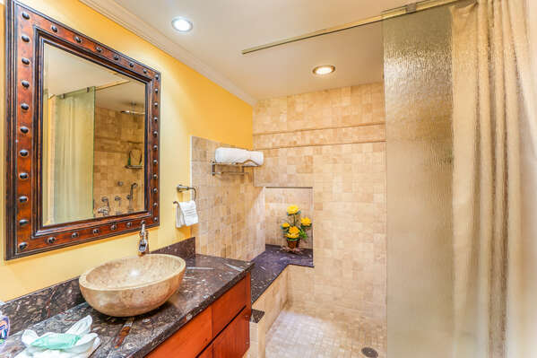 Bathroom with Walk-in Shower and Vessel Sink