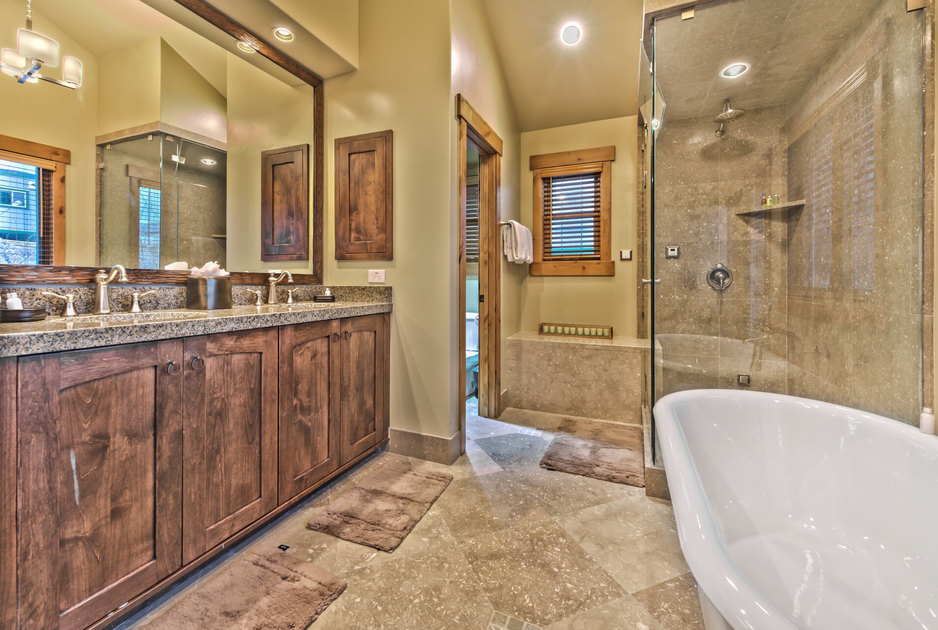 Grand Master Bathroom with Dual Sinks, Soaking Tub, Tile Shower and Private Deck