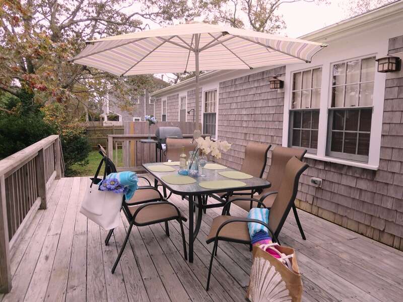 Outdoor dining - gas grill - umbrella for shade  23 Ginger Plum Lane Harwich Port Cape Cod - New England Vacation Rentals