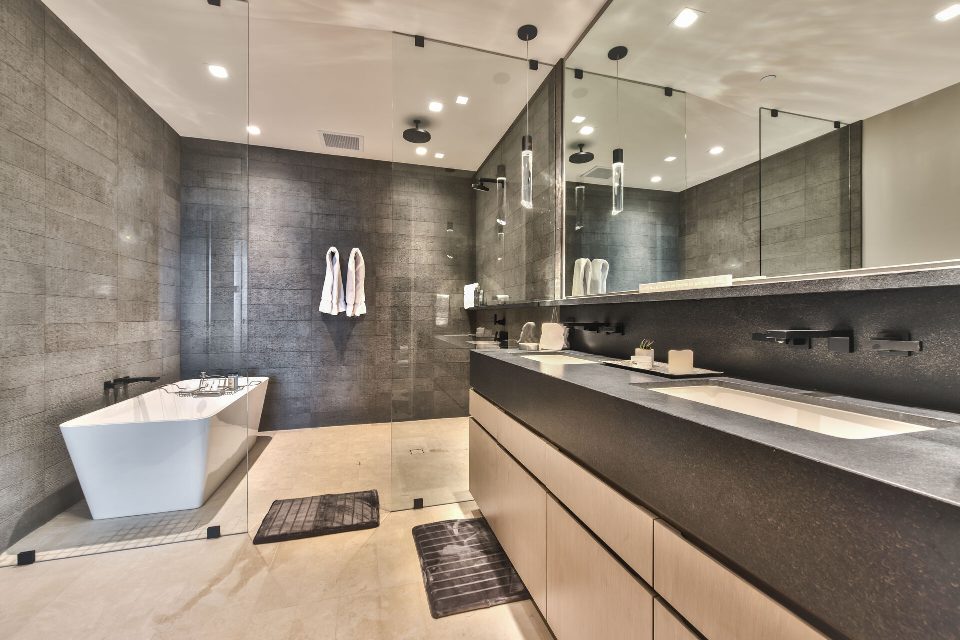 Grand Master Bathroom with Dual Sinks, Oversize Shower with Dual Shower Heads and Soaking Tub with Radiant Heated Floors