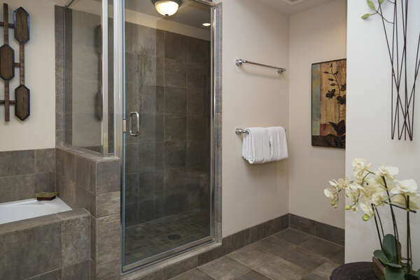 Primary  Bathroom of this Kona Hawai'i vacation rental with separate tub and walk-in shower