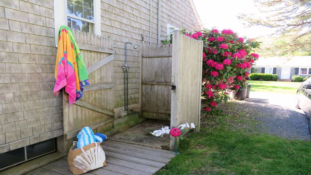 Enclosed outdoor shower with hot and cold water for your enjoyment! 84 Cranberry Lane Chatham Cape Cod - Ridgevale Retreat