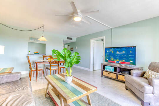 Bright and beachy living and dining area