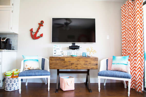 Your sanctuary includes a 4K Ultra HD TV with cable! Perfect for when you just want to chill and look out at the waves!