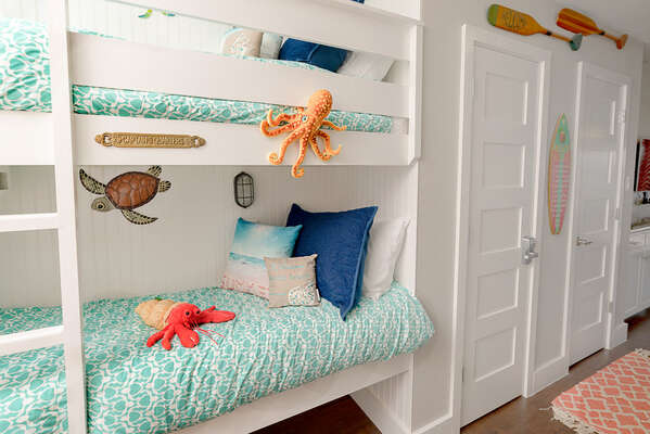 Kiddos will love their sleeping quarters!! Keep scrolling for all the cute pics of the bunk beds with a built-in TV!