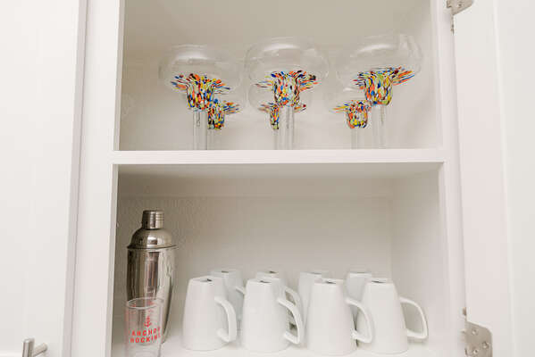 All sorts of drinkware provided for your stay! Margarita, martini, wine, coffee, copper mugs and more!